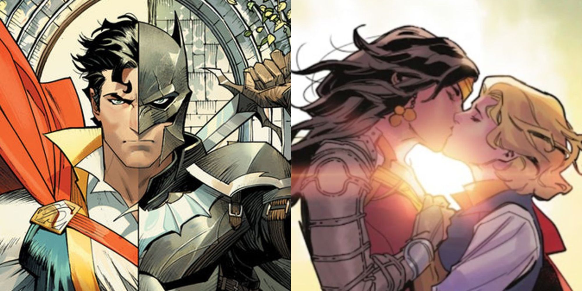 A split image featuring comic art of Kal-El and Bat-Prince, and of Diana kissing Zala in Dark Knights of Steel