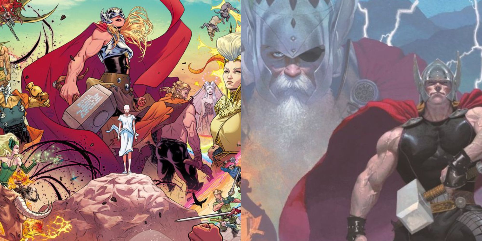 A split image of Thor comic covers from Jason Aaron's Thor run