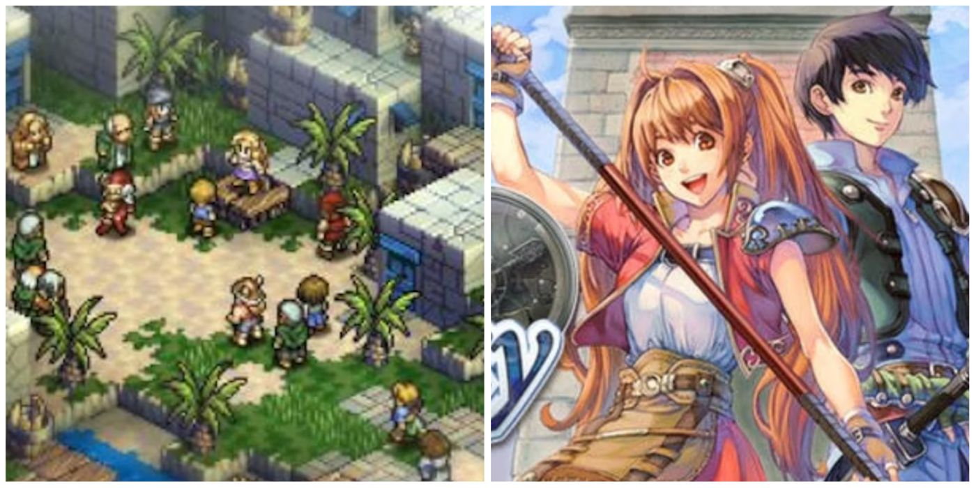 A split image of gameplay from Tactics Ogre and cover art for Trails in the Sky.