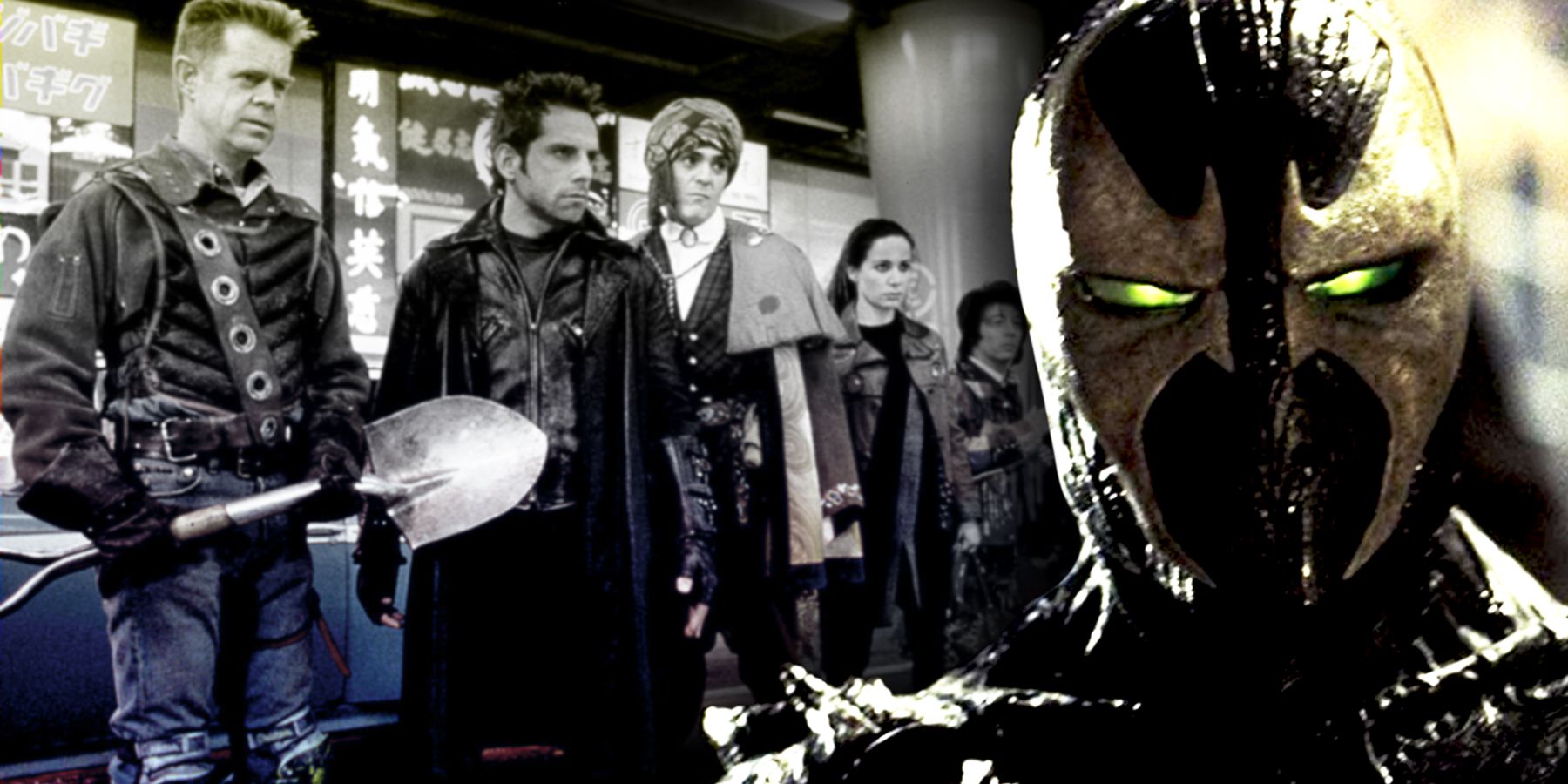 A split image of the film The Mystery Men and the live action Spawn