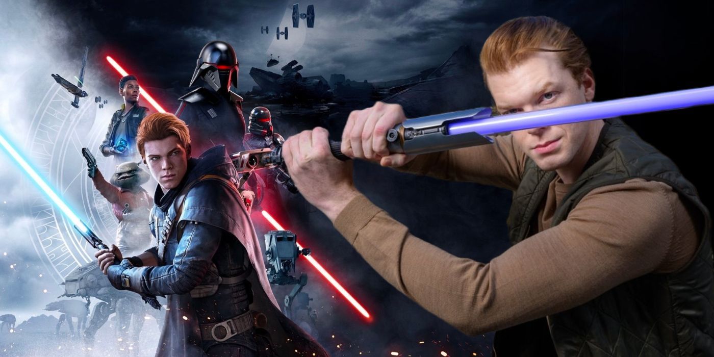 Cameron Monaghan with a lightsaber in front of the Jedi Fallen Order poster
