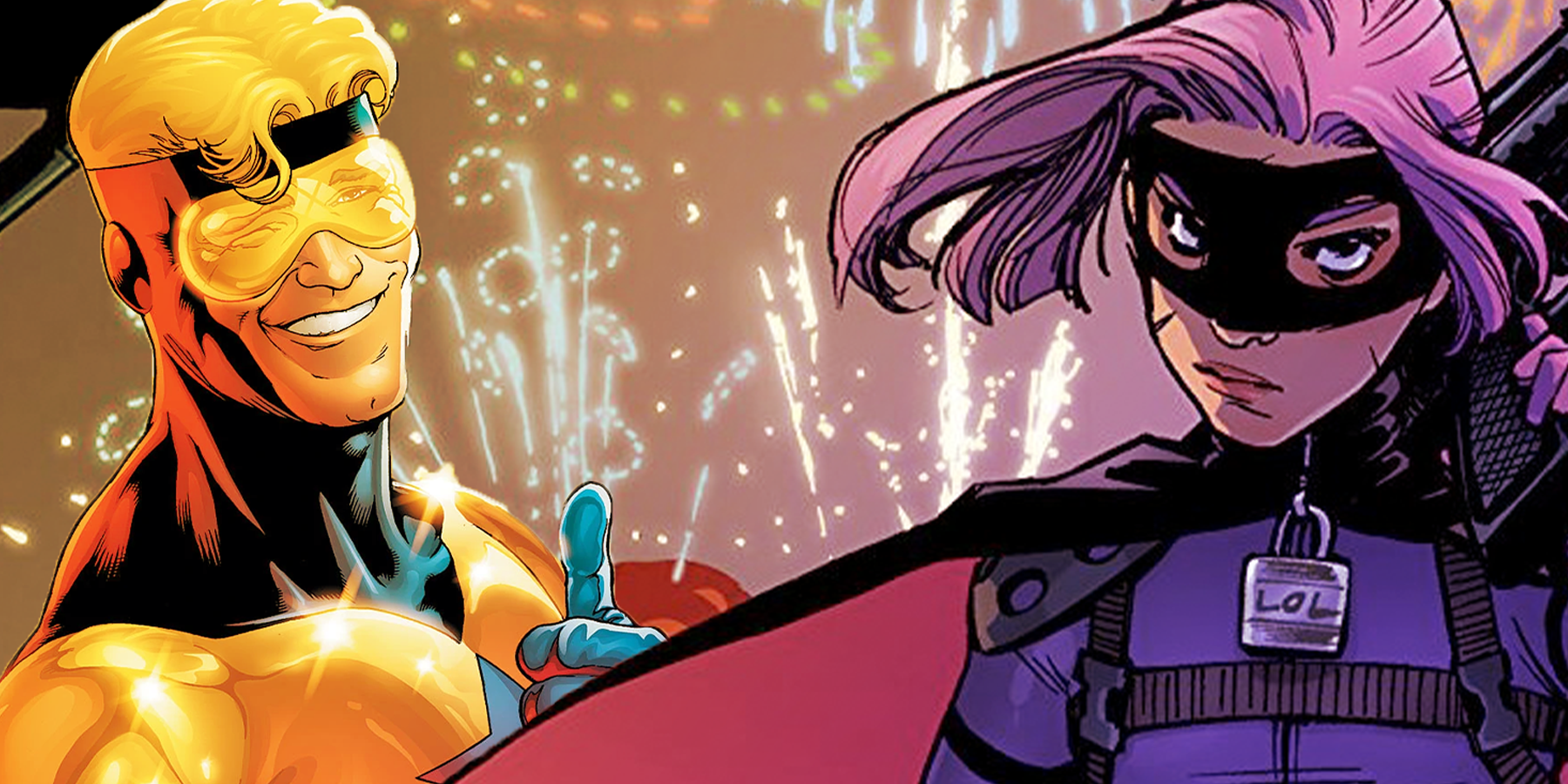 Booster Gold and Hit-Girl split image