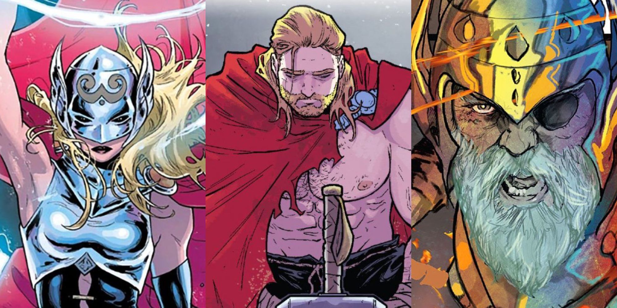 A split image of Jane Foster as Thor, a shirtless Thor, and King Thor in Marvel Comics