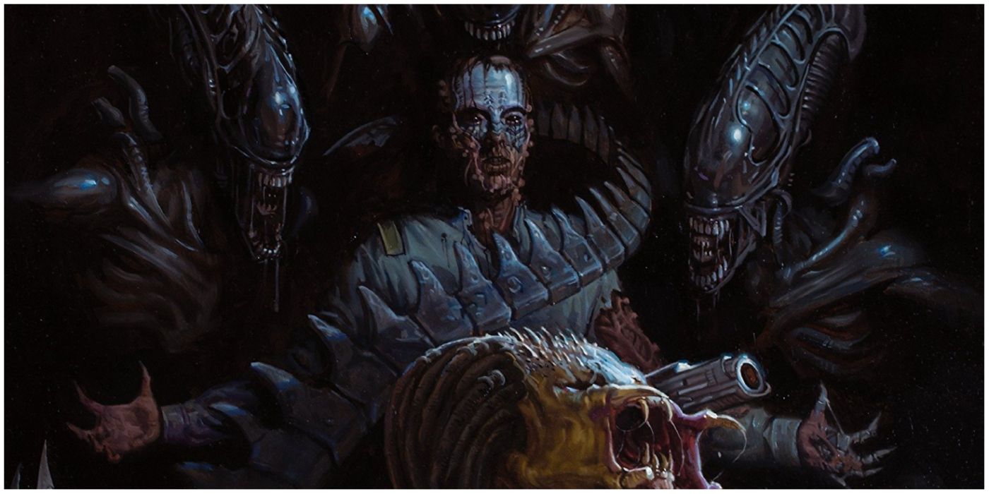 3 Xenomorphs and a Yautja surrounding a man transforming into a monster in Dark Horse Comics