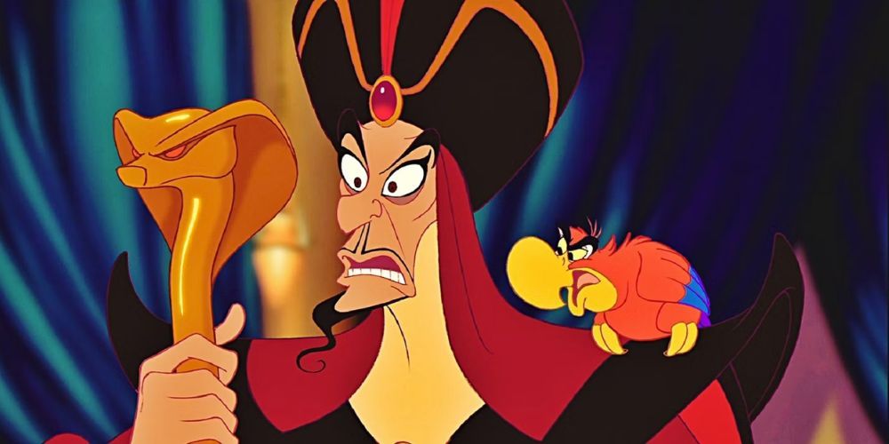 Jafar and Iago from Aladdin looking shocked and outraged