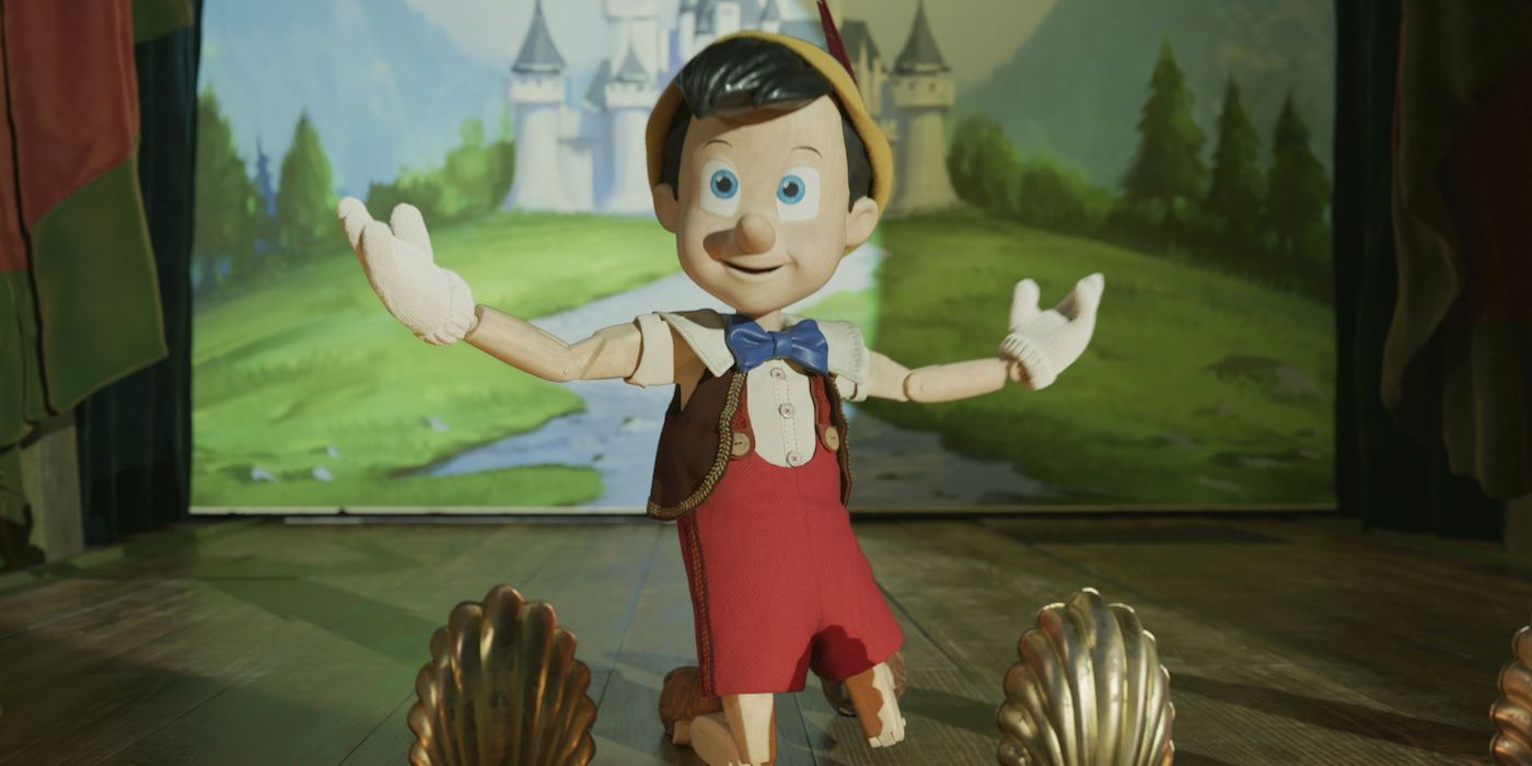 An image of Pinocchio performing on stage in the 2022 Pinocchio remake