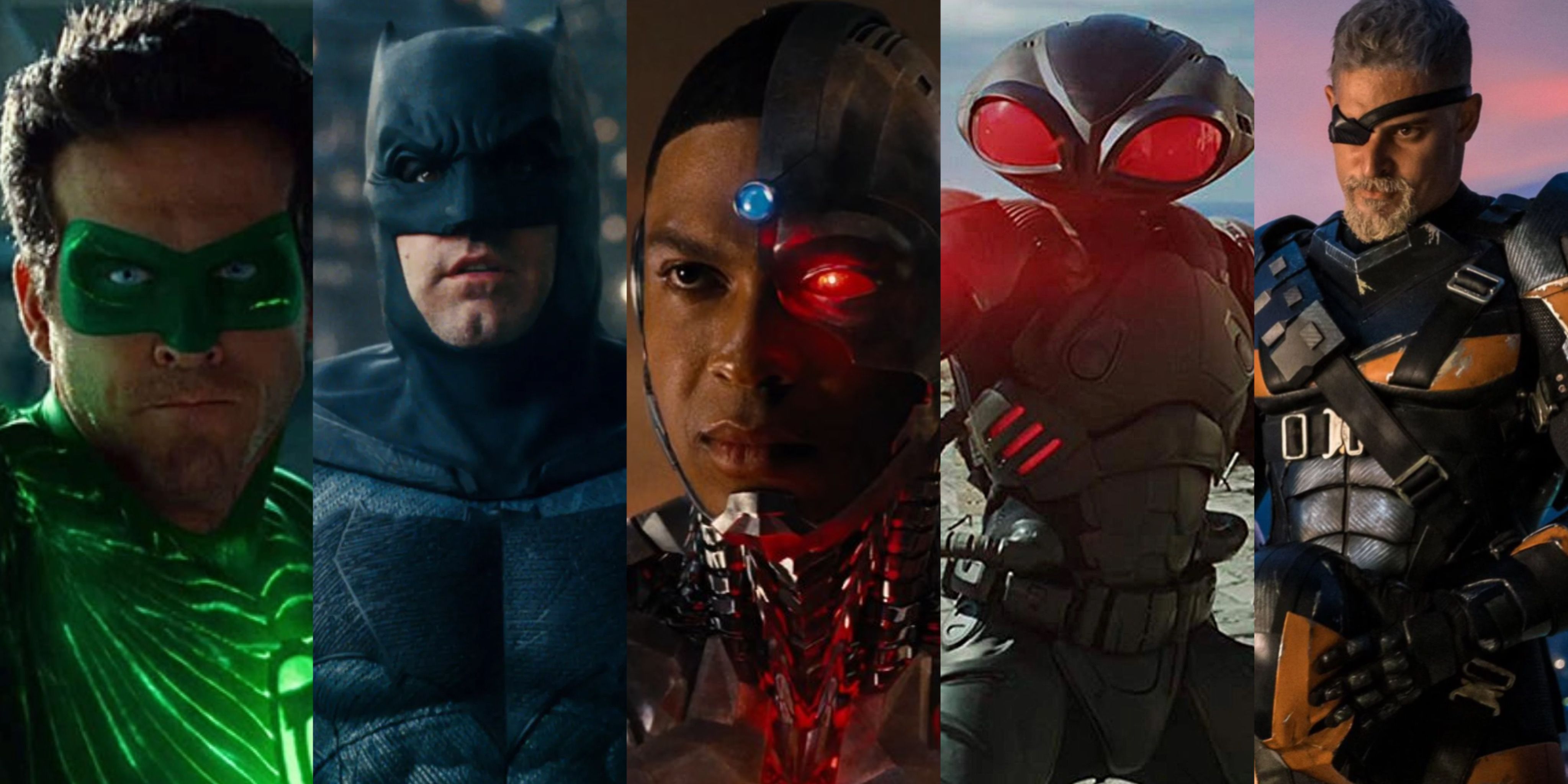 Ryan Reynolds as Green Lantern, Ben Affleck as Batman, Ray Fisher as Cyborg, Black Mamba from Aquaman, and Joe Manganiello as Deathstroke