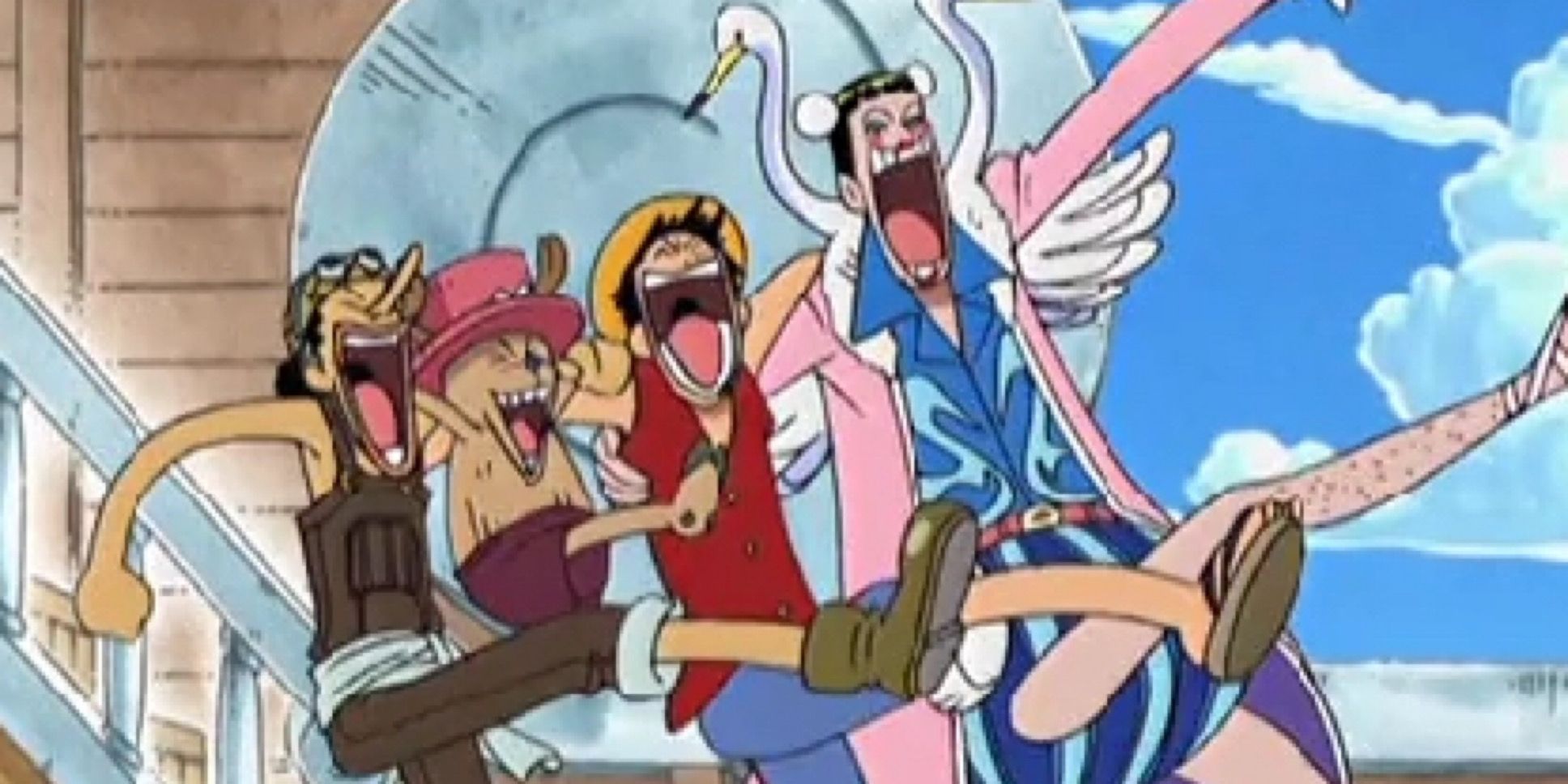 Luffy, Usopp, Bentham and Chopper from One Piece dancing.