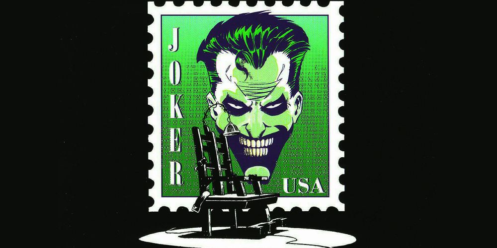 An ancient electric chair under a spotlight, with a giant Joker stamp behind it in DC Comics