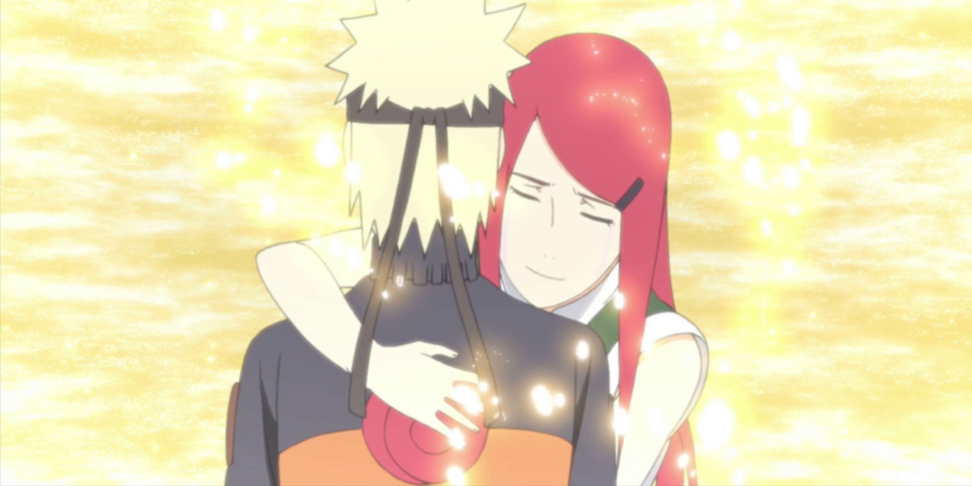 Naruto's mom, Kushina, hugs him in Naruto.