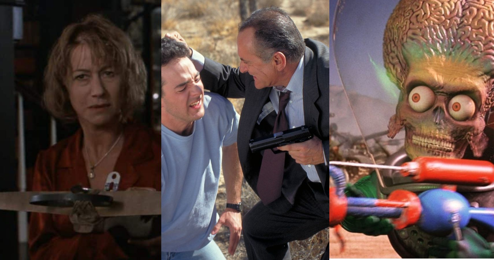 A combined image featuring scenes from several 90's comedies including Teaching Mrs. Tingle, 8 Heads in a Duffle Bag and Mars Attacks respectively.