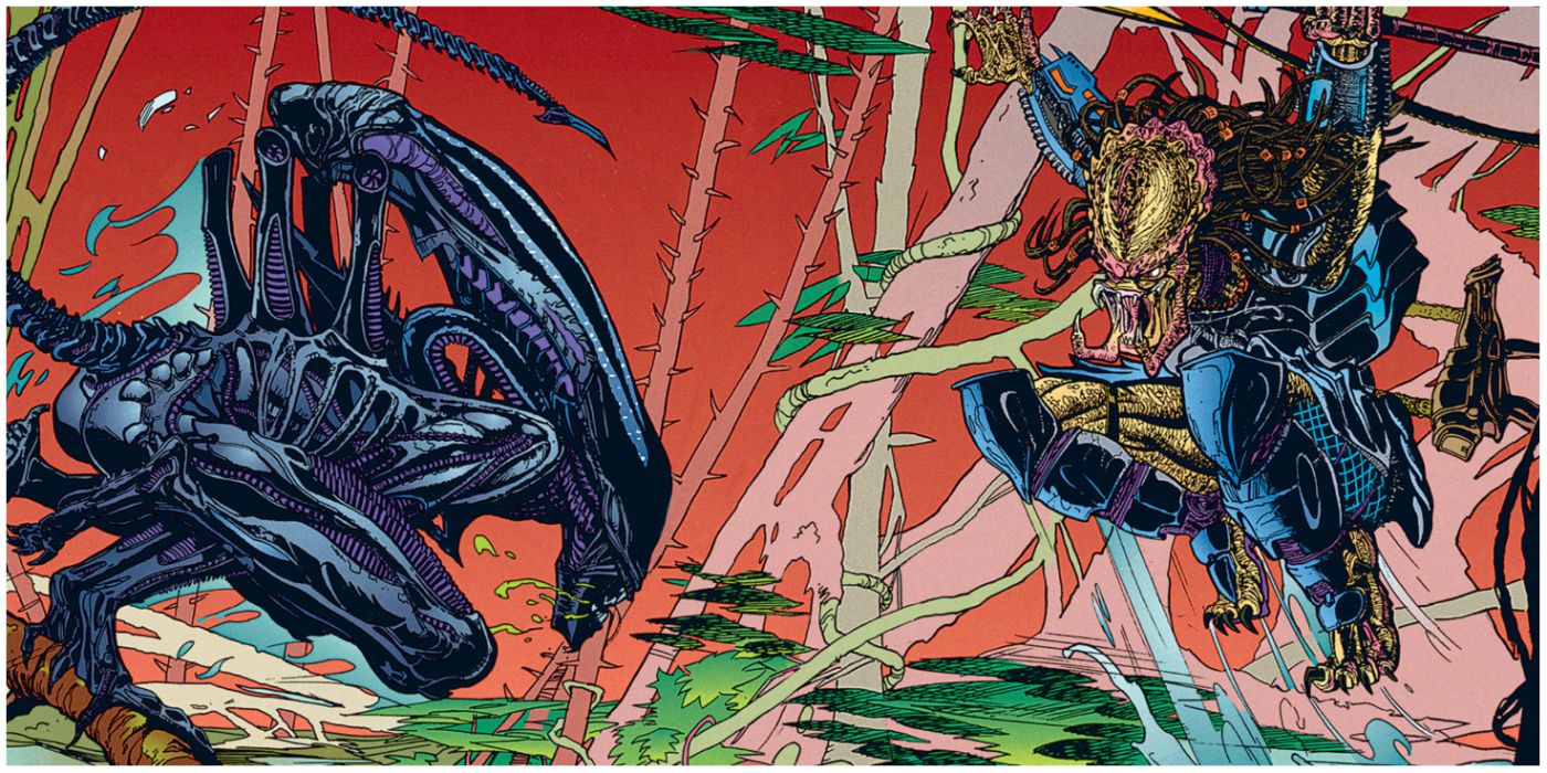 A Xenomorph and a Yuatja squaring off about to fight in Dark Horse Comics