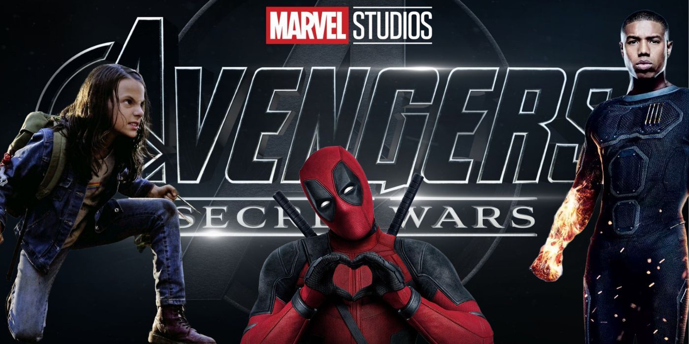 Dafne Keen as X-23, Michael B. Jordan as Human Torch, and Deadpool in front of the Avengers Secret Wars Title Card