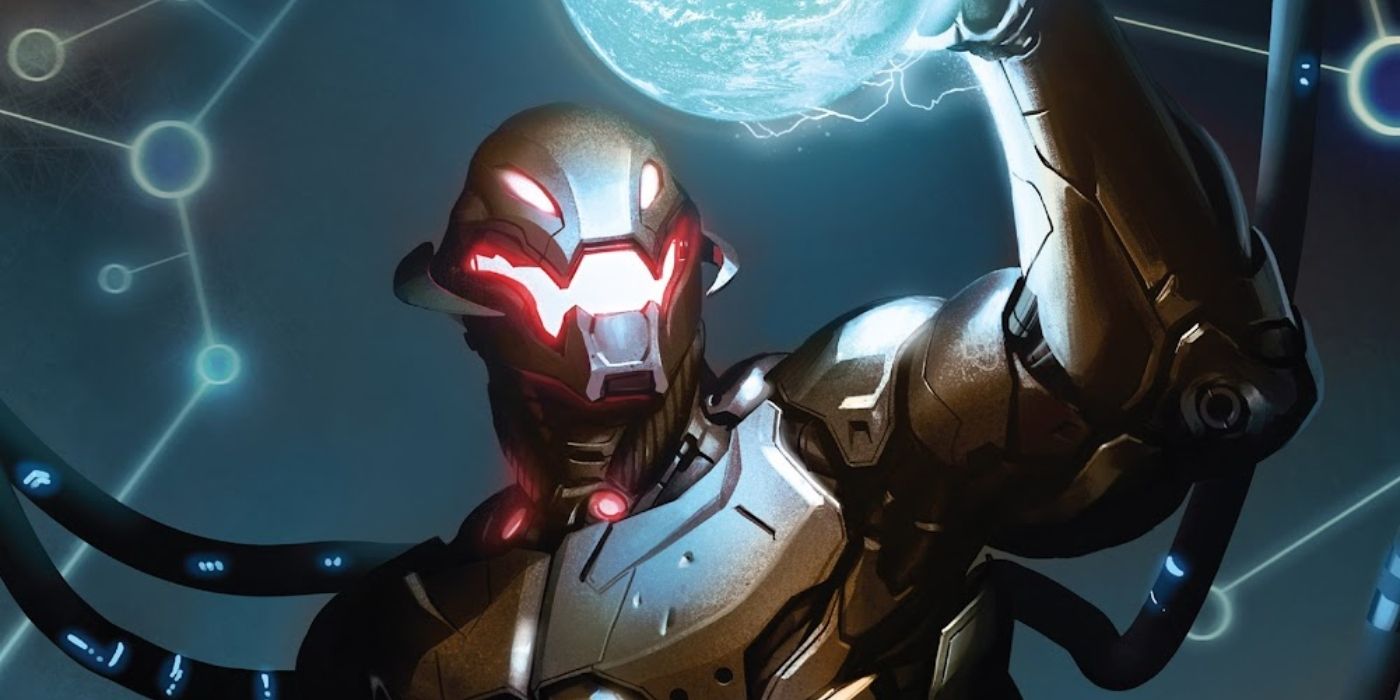 Ultron holds a glowing orb against a dark, technological background in Marvel Comics