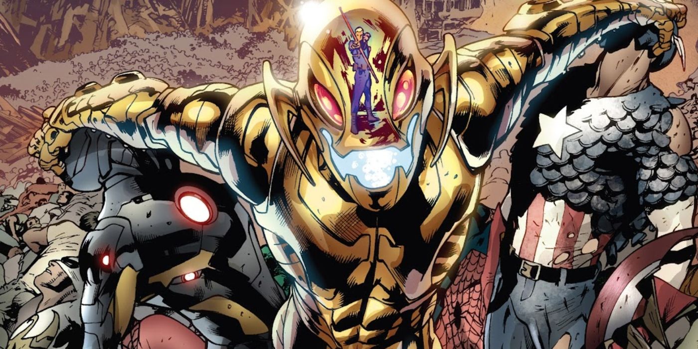 Gold Ultron stands above Iron Man and Captain America in Marvel Comics