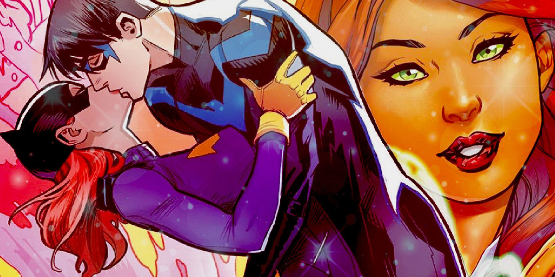 Nightwing kissing Batgirl with Starfire split image