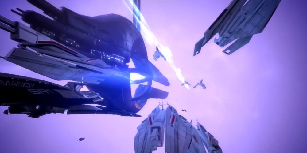 The Alliance fleet appearing through the Mass Relay to save the Council in Mass Effect