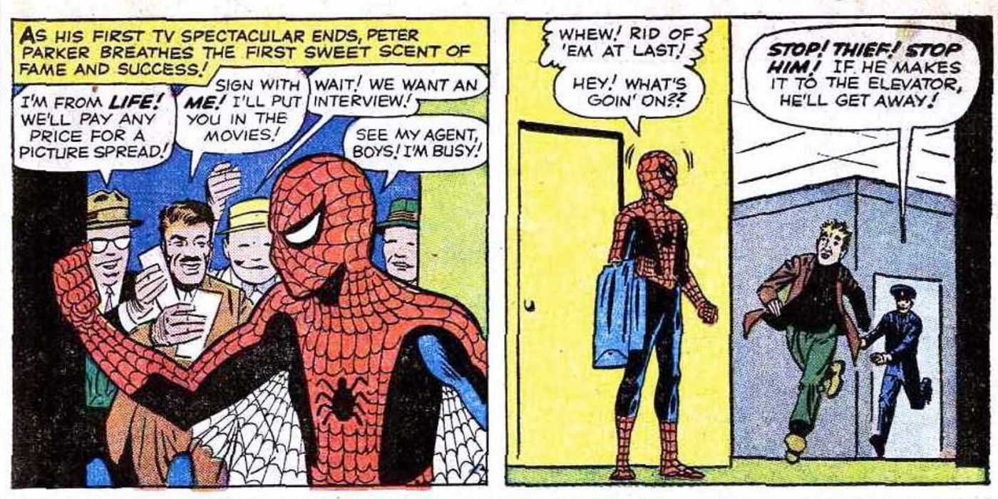 Spider-Man lets a robber escape in his first appearance in Marvel Comics