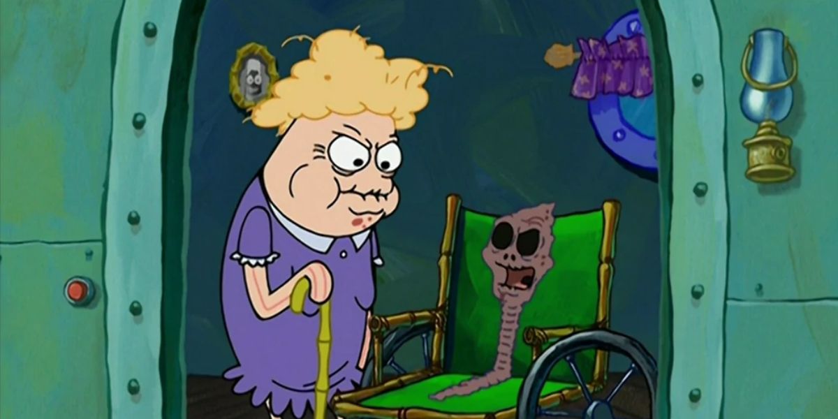 An elderly woman and her mother in a wheelchair from SpongeBob SquarePants.