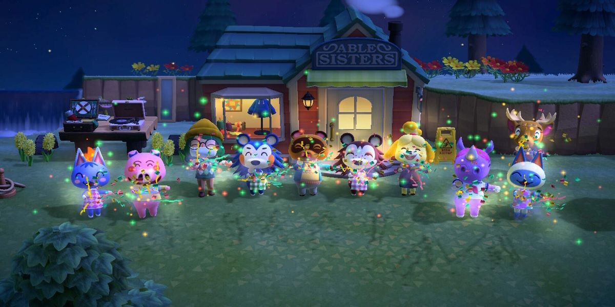 Celebrating a shop opening in Animal Crossing: New Horizons.