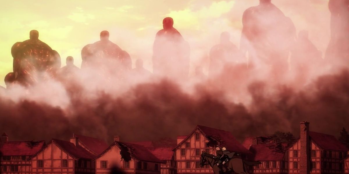 The Titans of the walls marching off in Attack On Titan.