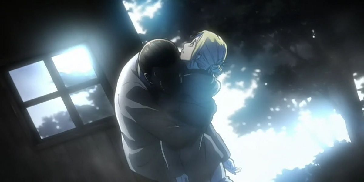 Annie's father hugging her in Attack On Titan.