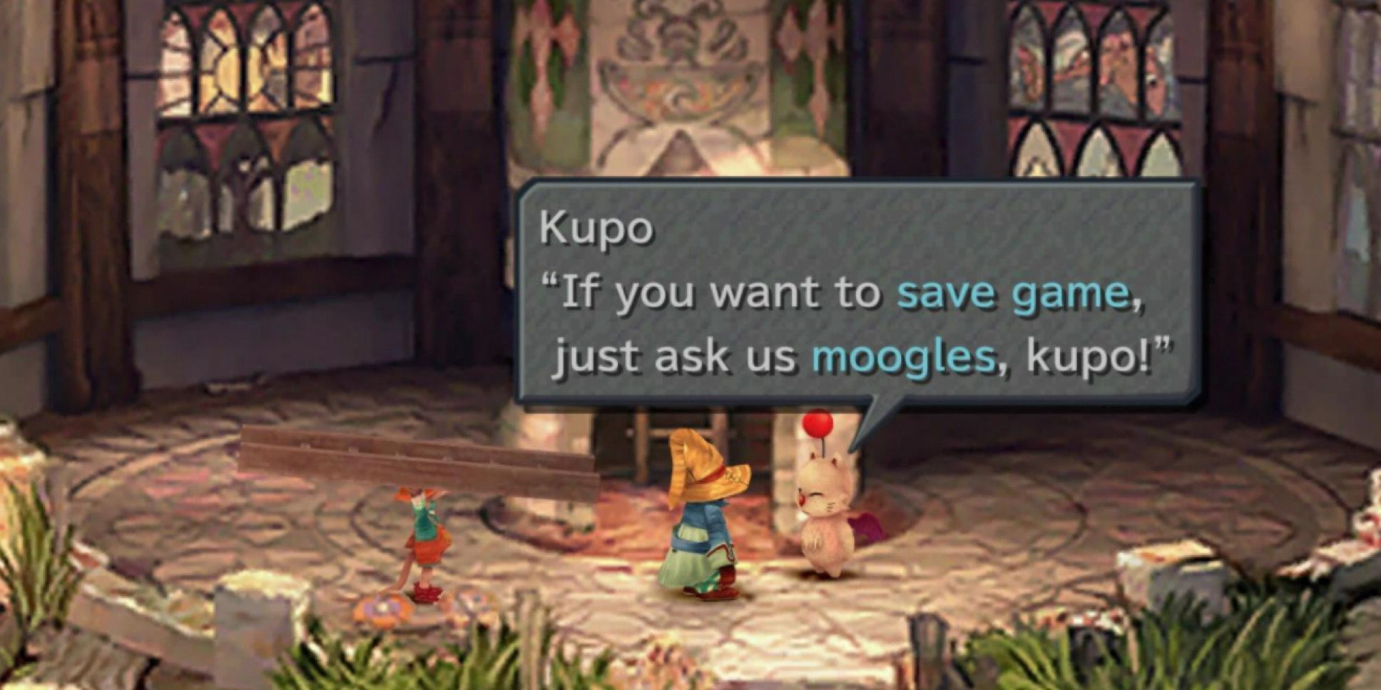 Vivi talking to a Moogle in Final Fantasy