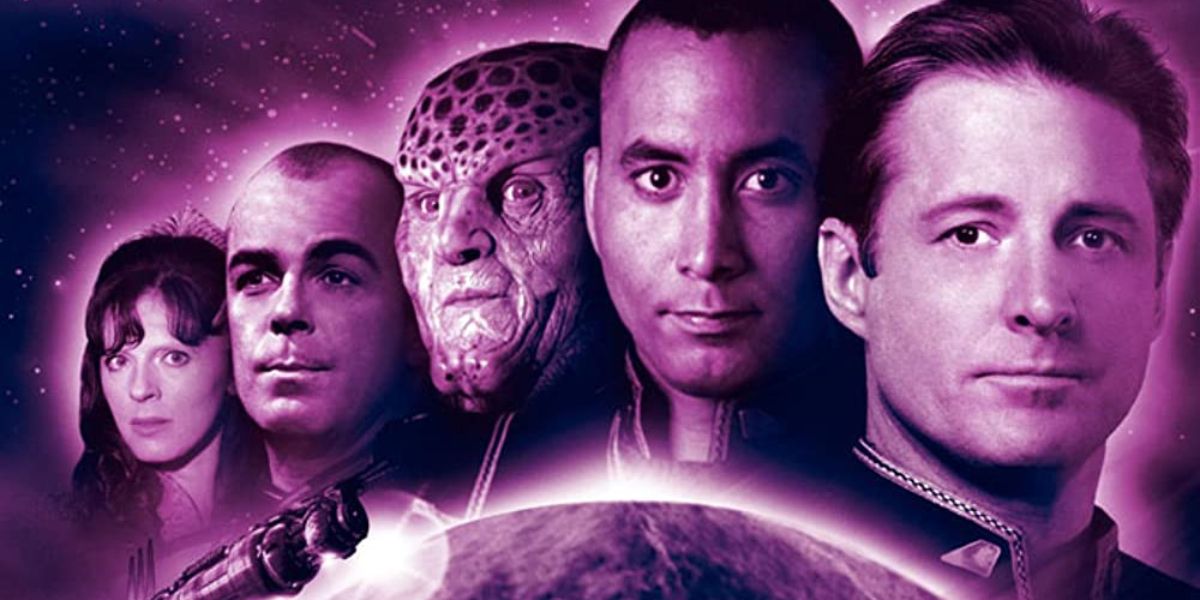 Characters from Babylon 5 are depicted in outer space 