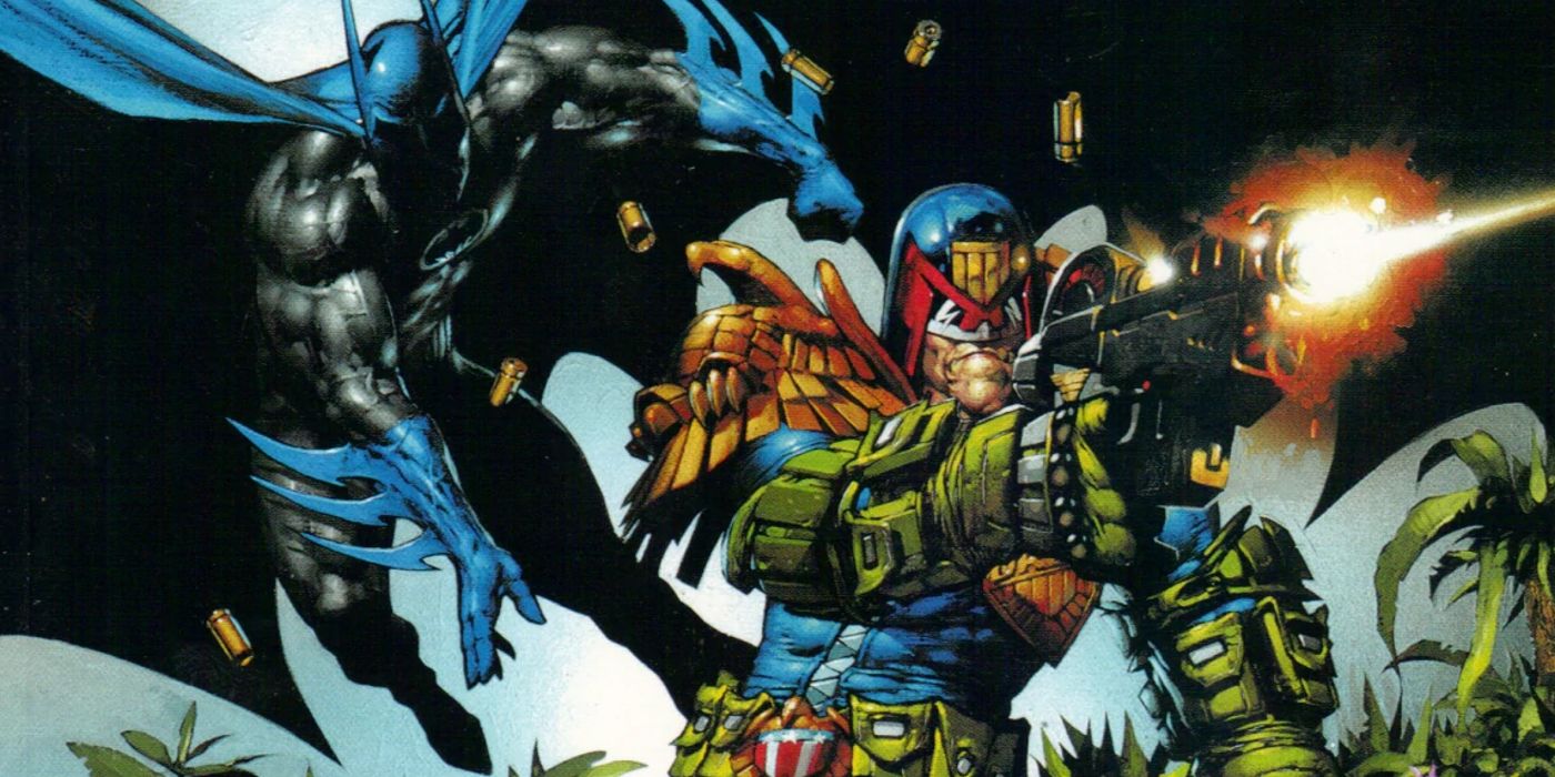 Arte em quadrinhos para o crossover Batman e Juiz Dredd, The Ultimate Riddle.