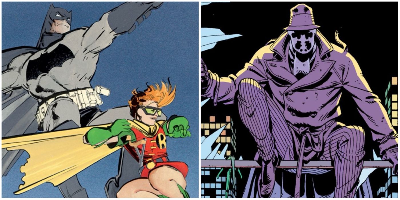 Batman and Robin swoop in and Rorschach enters a window