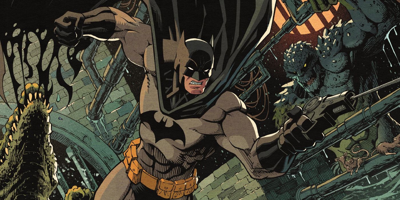 Batman faces off against Killer Croc and a crocodile in Gotham's sewers