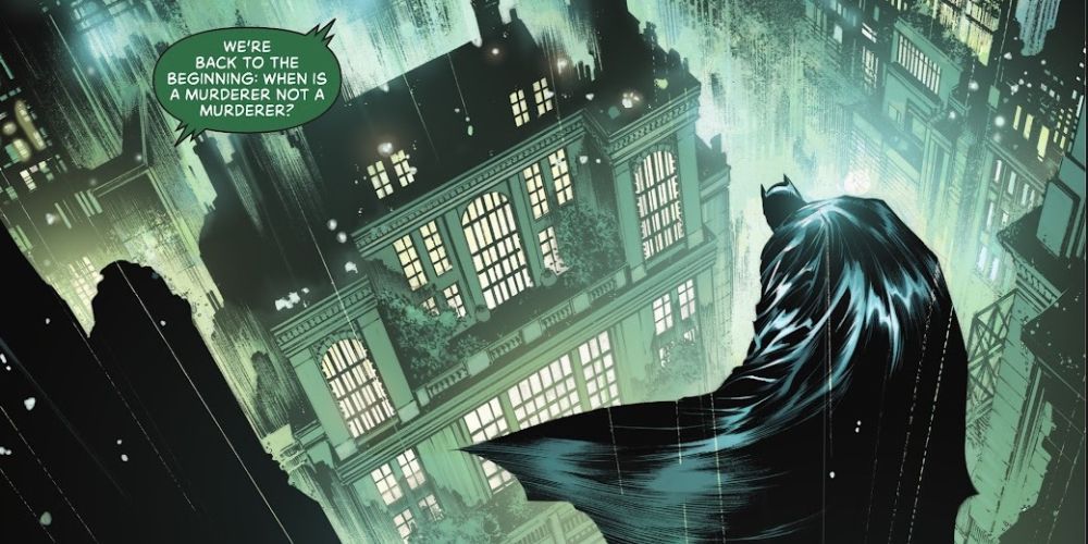 Batman overlooking talia in Gotham.