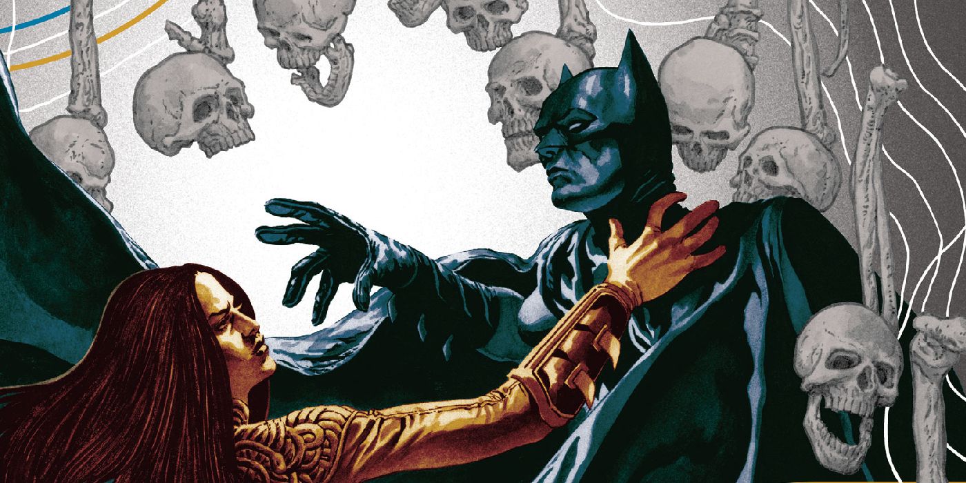 Batman surrounded by skulls with his neck gripped by Talia