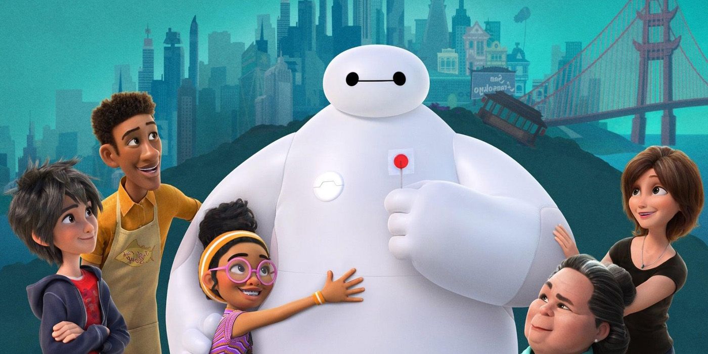 Baymax and the Big Hero 6 characters hug in Big Hero 6.