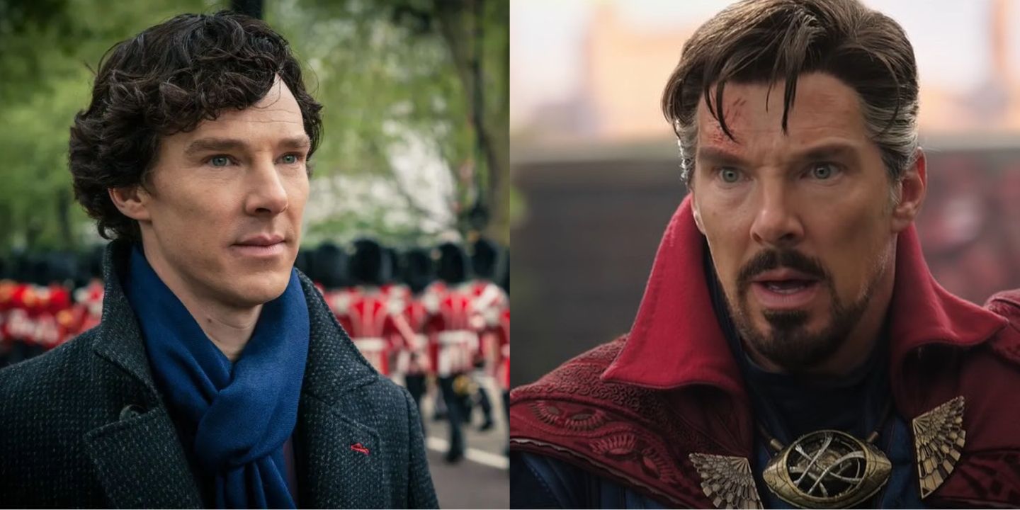 A split image of Benedict Cumberbatch as Sherlock Holmes from the Sherlock Holmes series and as Doctor Strange from Marvel