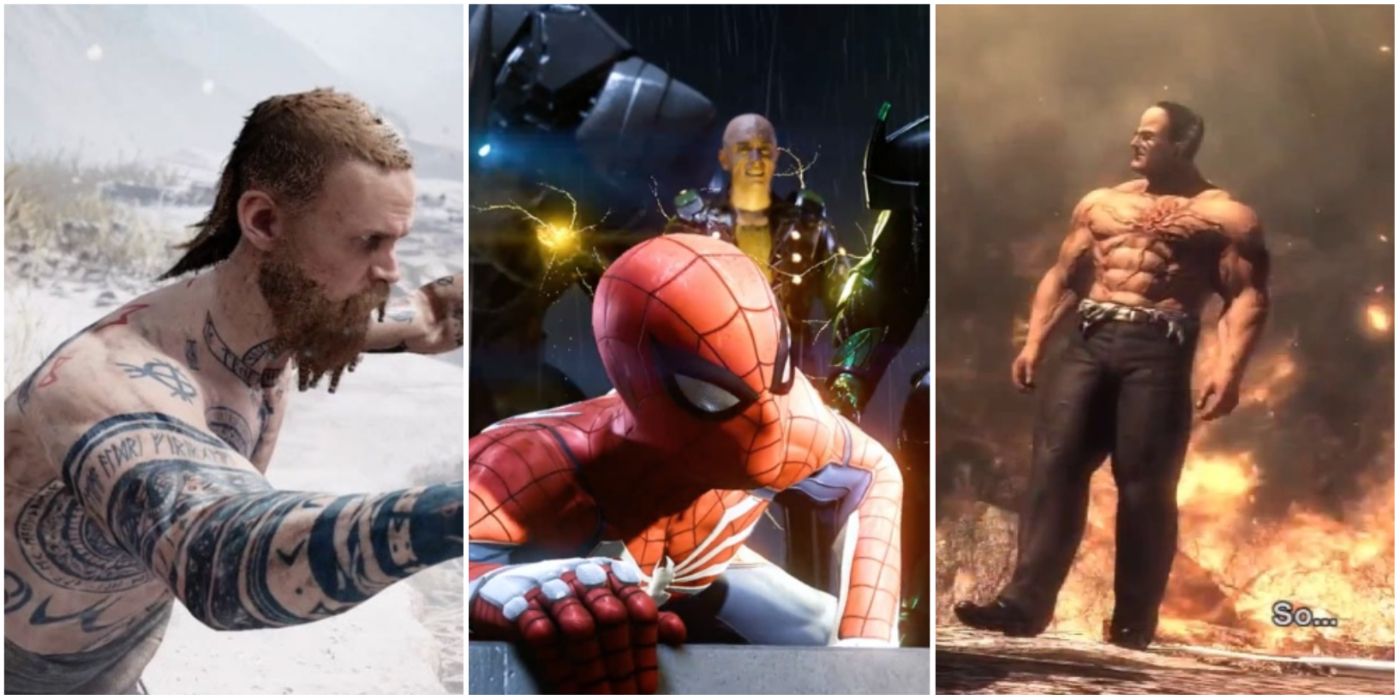 A split image of cutscene screenshots from God of War, Spider-Man PS4, and Metal Gear Rising: Revengeance