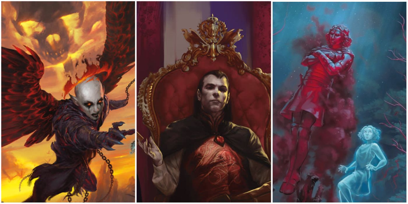 A split image of villains from DnD campaigns, including Baldur's Gate: Descent Into Avernus, Curse of Strahd, and Critical Role: Call of the Netherdeep