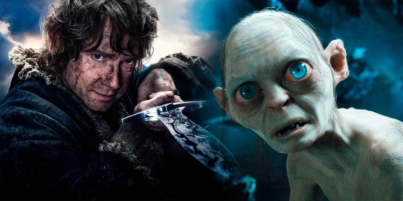 Bilbo Baggins (Martin Freeman) holds a sword on Gollum (Andy Serkis)