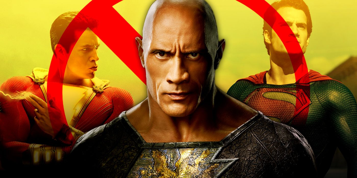 Black Adam’s in front of crossed out images of Shazam and Superman.
