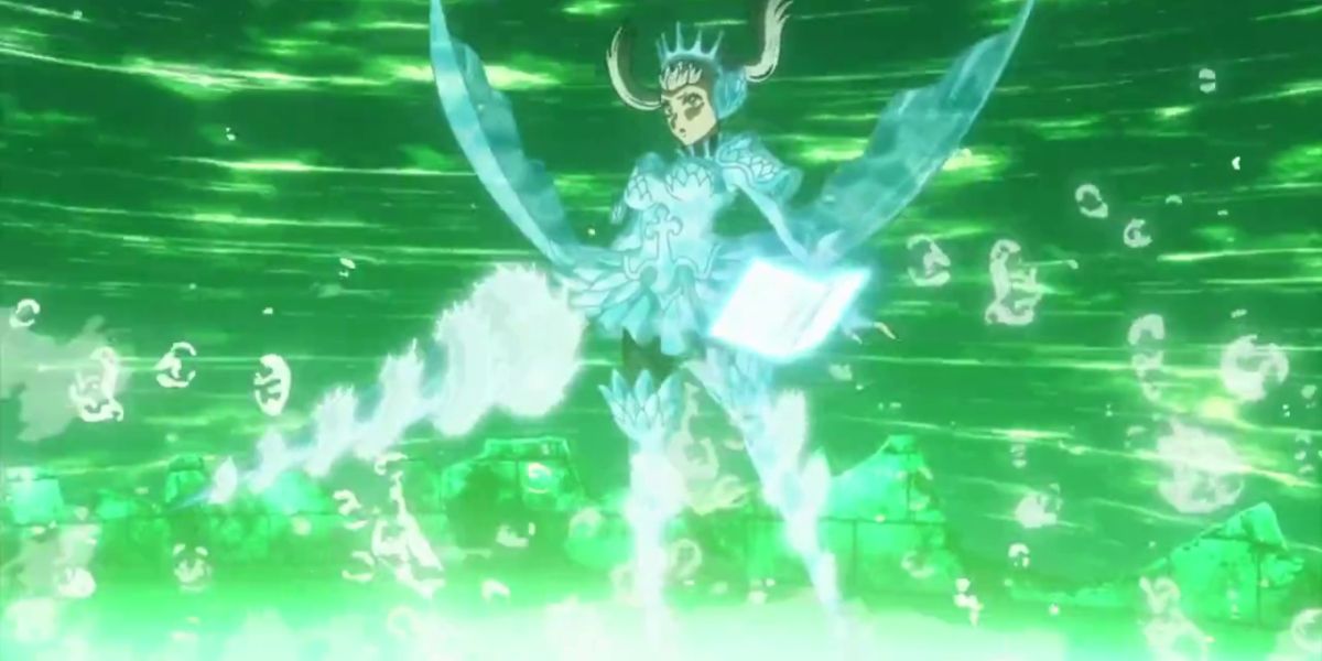 Black Clover - Noelle wearing a water armor and surrounded by green magic