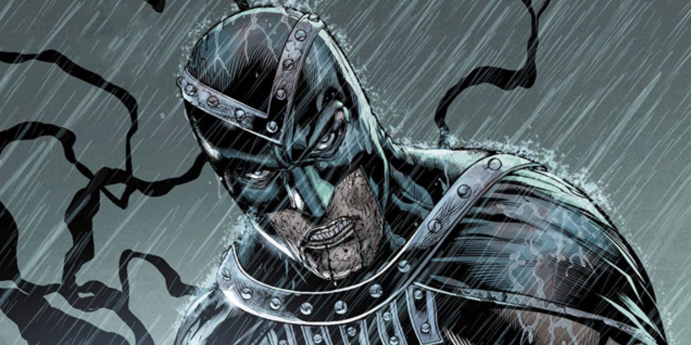 Black Hand looks off to the right while in the rain in DC Comics.