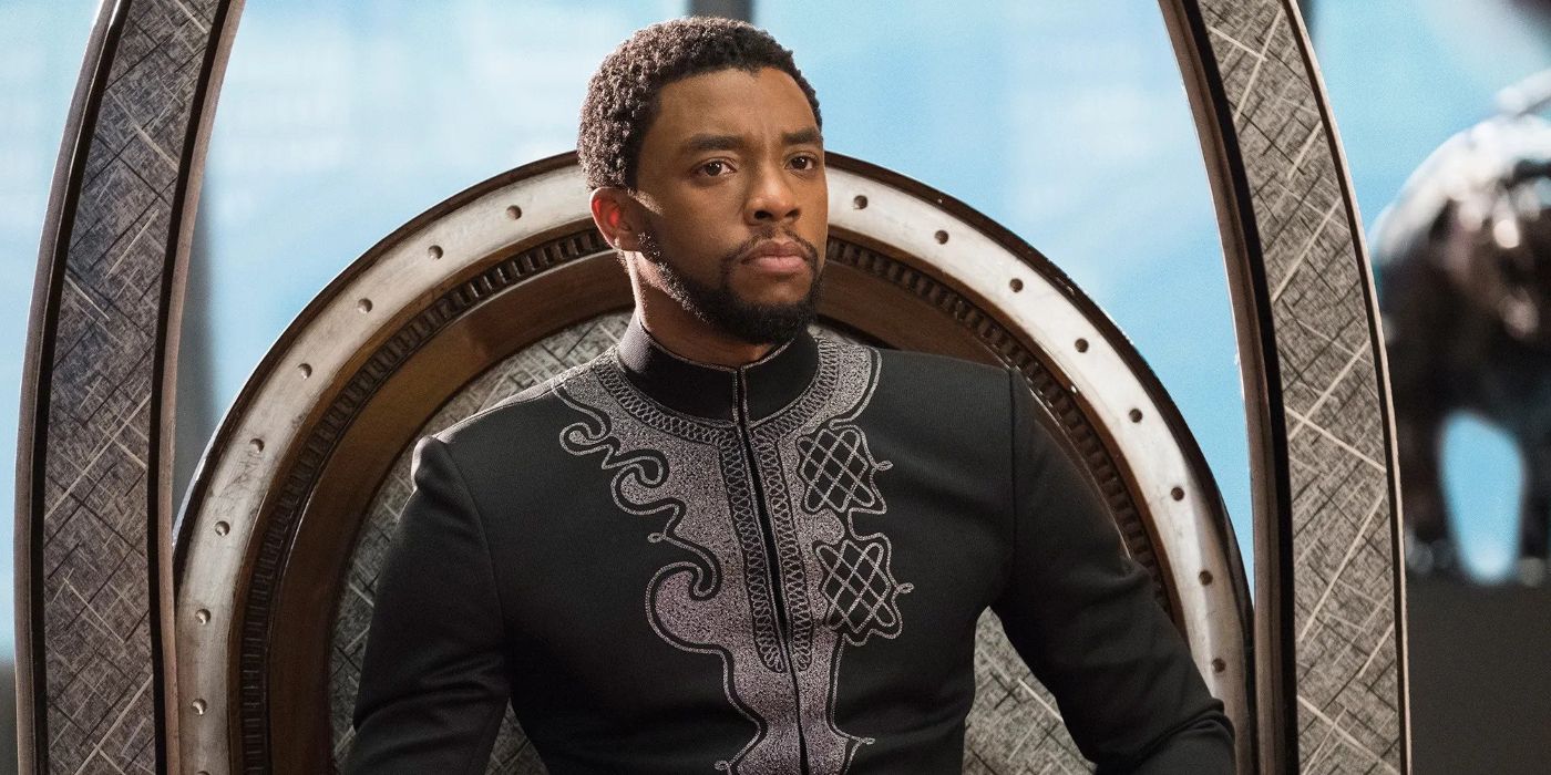 Chadwick Boseman sits on his throne in Black Panther
