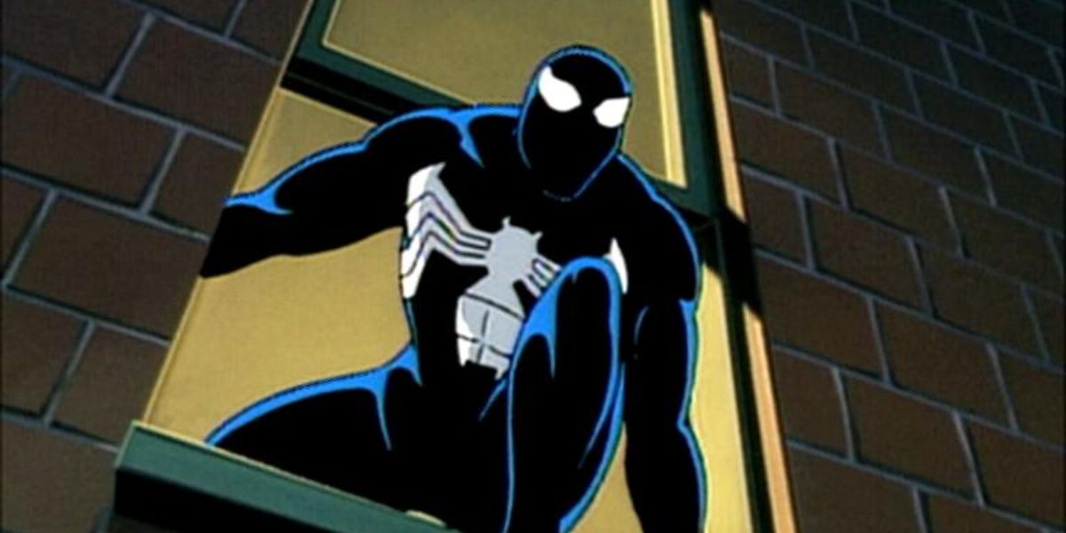 スパイダーマン：TASより、窓から飛び出そうとするブラックスーツのスパイダーマン。