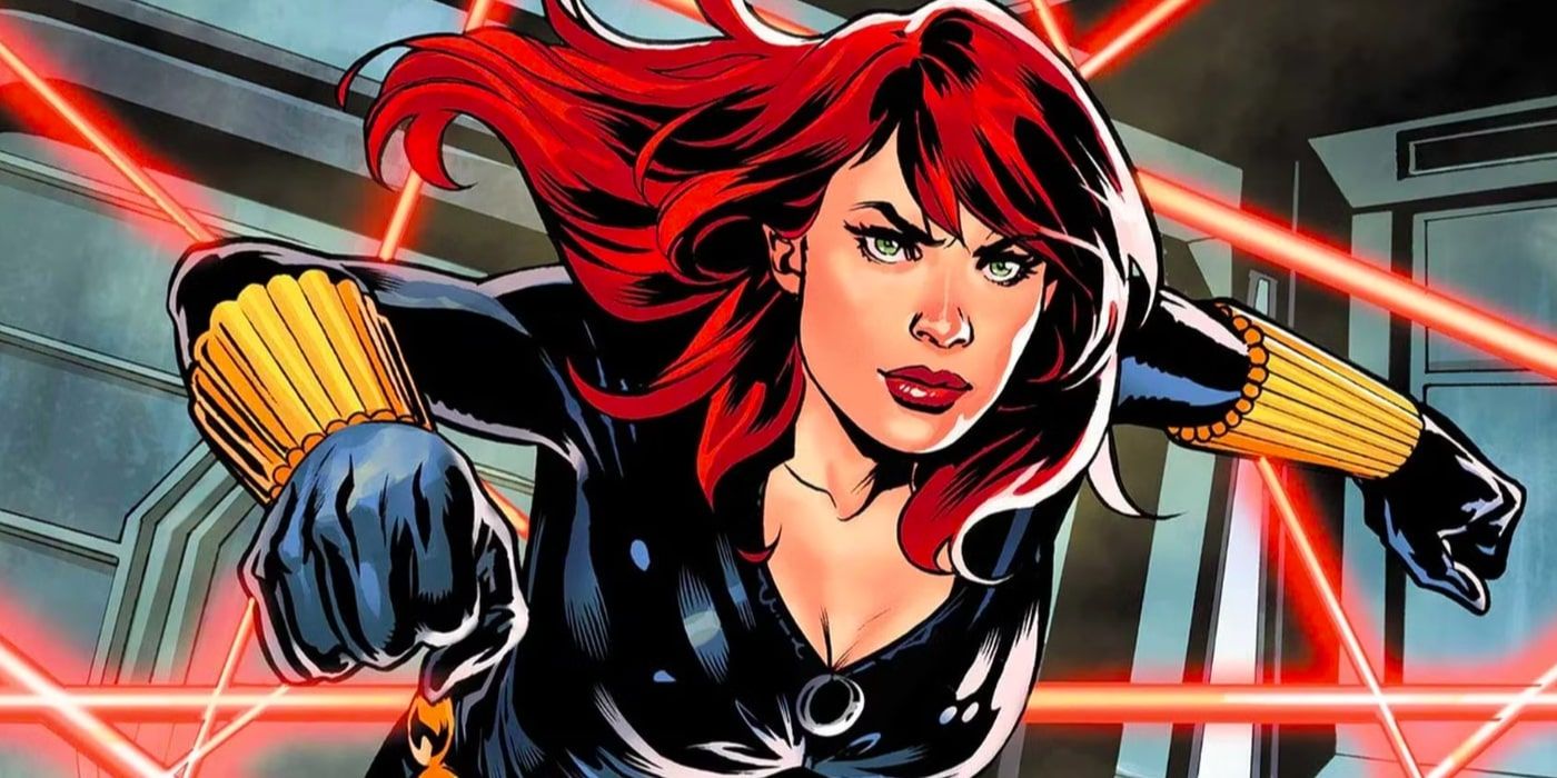 Black Widow about to throw a punch while dodging security grid lasers in Marvel Comics