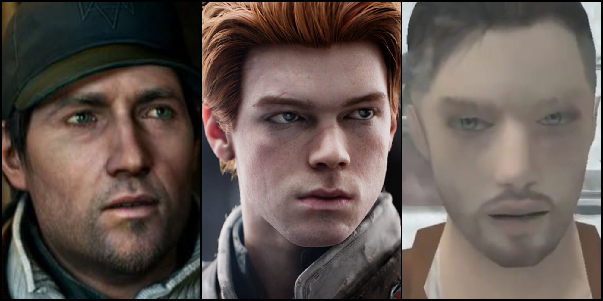 Boring white male video game protagonists Aiden Pearce, Kal Cestis, and Lucas Kane all staring off into space with open mouths