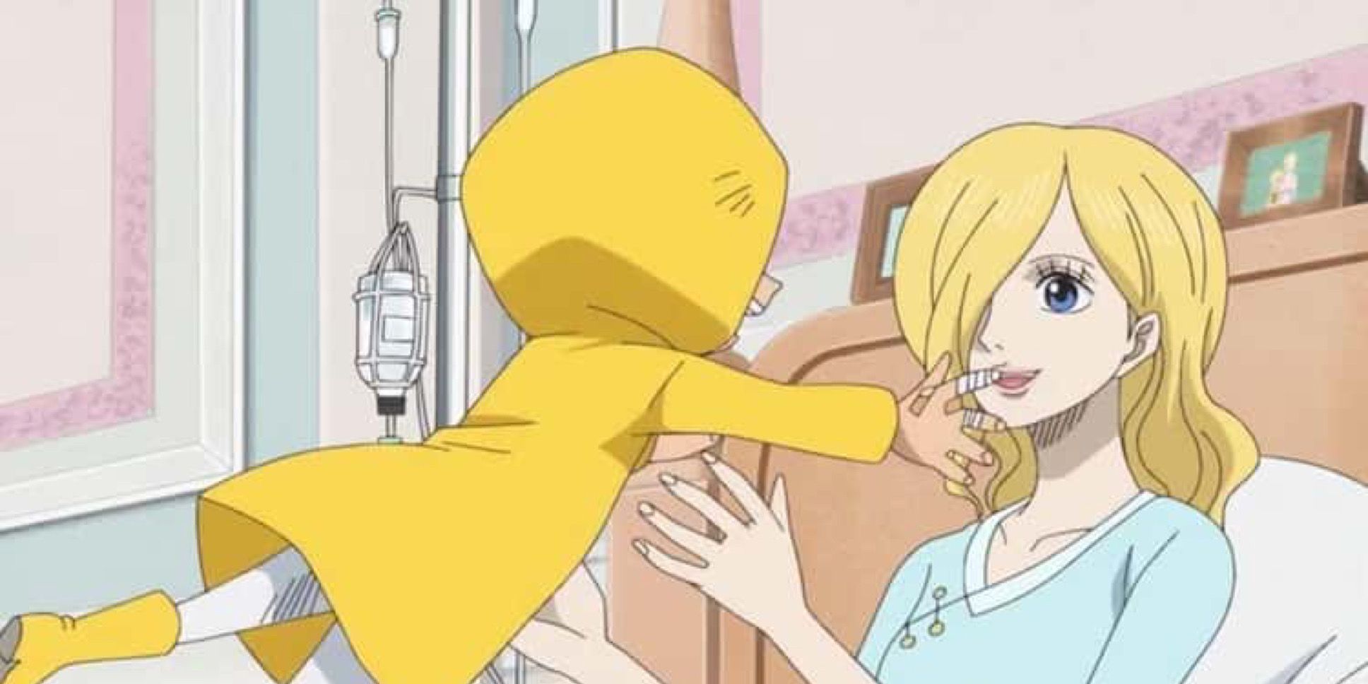 Sanji when he was a child hugging his mother, Sora Vinsmoke, in One Piece.