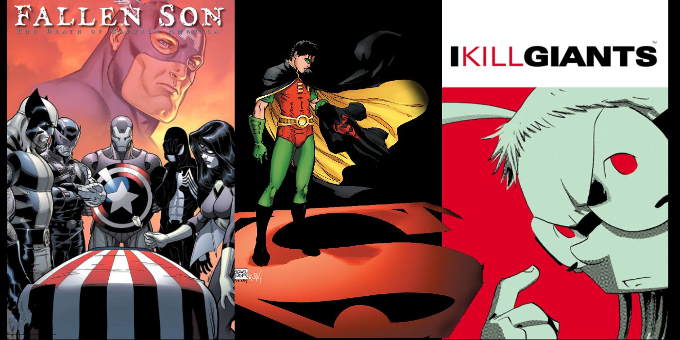 A split image of Marvel's heroes around Captain America's coffin, Robin mourning Superboy, and I Kill Giants cover art