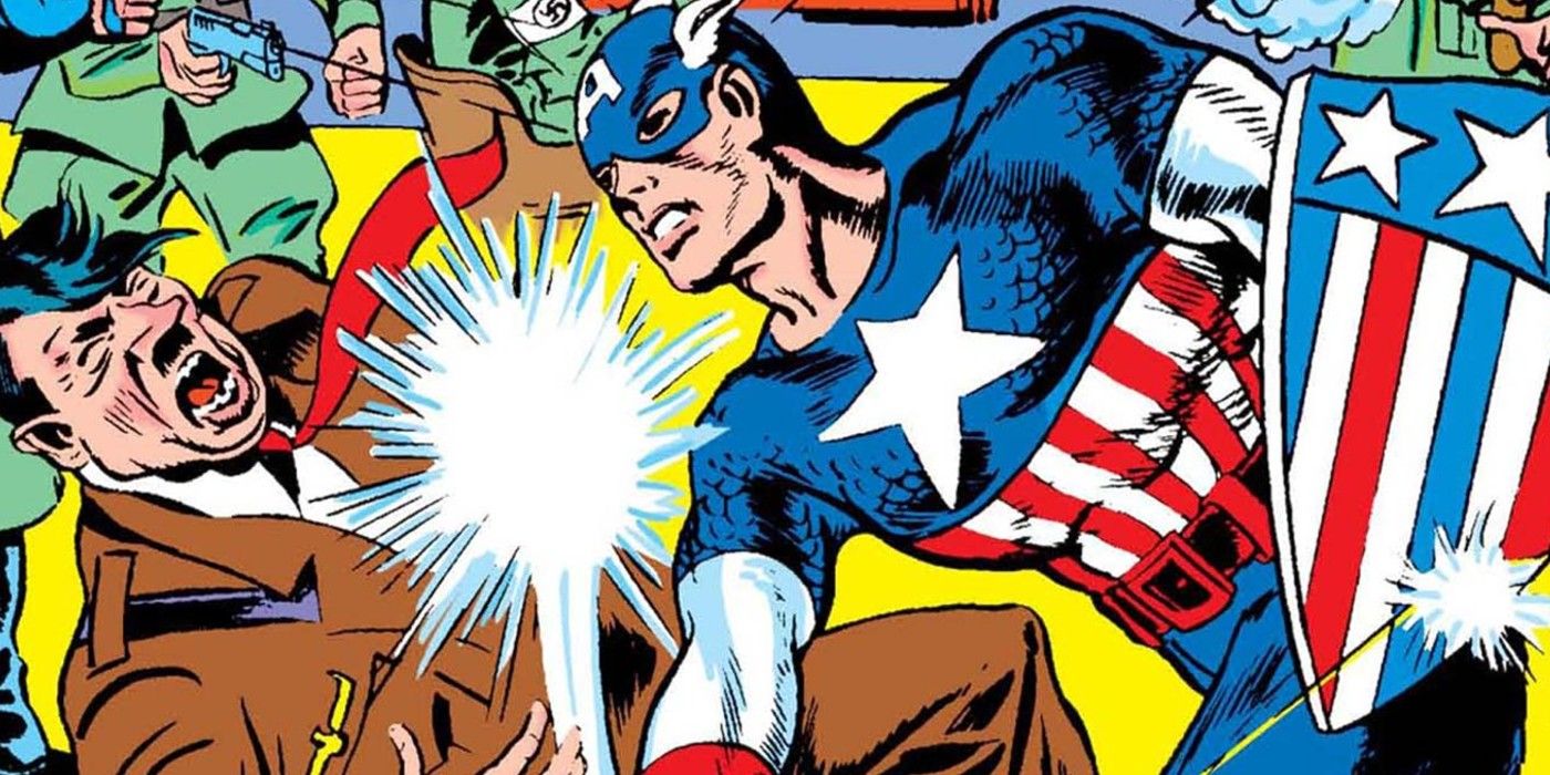 Captain America punches Hitler in Captain America 1 in Marvel Comics