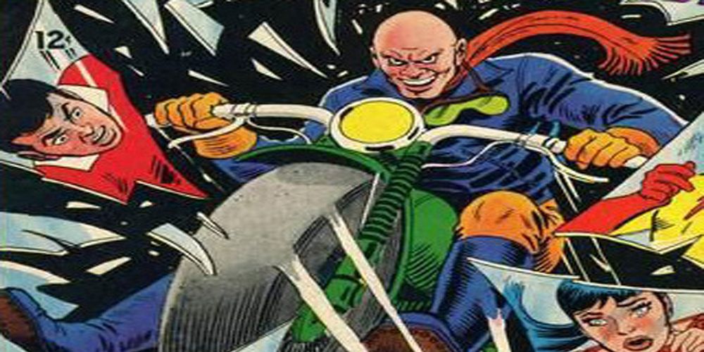 Captain Rumble drives a motorcycle through a window in Teen Titans comics