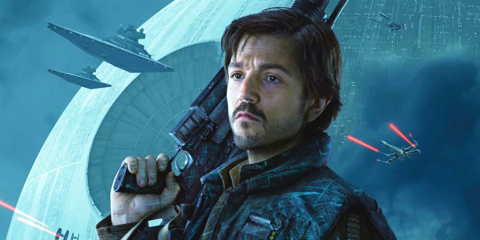 Cassian Andor with a blaster in Rogue One promo.